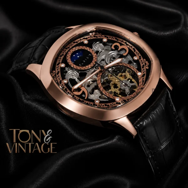 Tourbillon Moon Phase Rose Gold Watch With Black Skeleton Dial and Leather Strap 2 copy