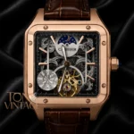 Tourbillon Moon Phase Rose Gold Watch with Skeleton Dial and Brown Leather Strap