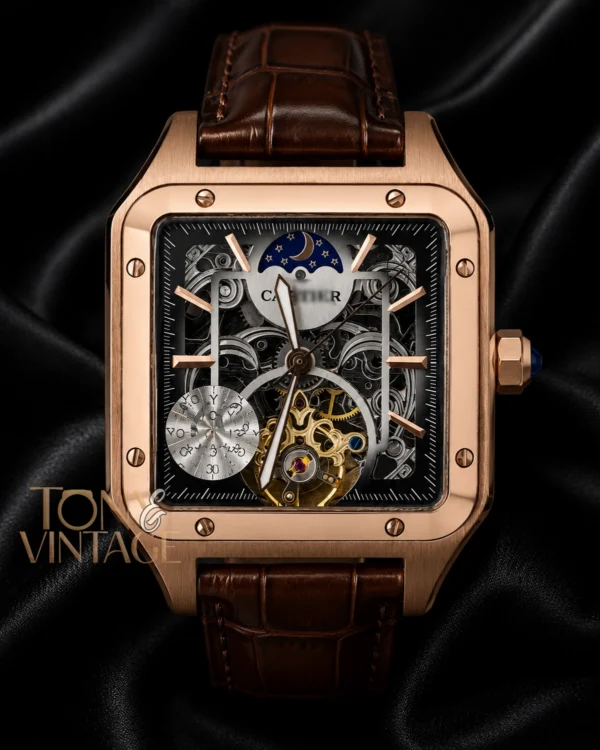Tourbillon Moon Phase Rose Gold Watch with Skeleton Dial and Brown Leather Strap 1 copy