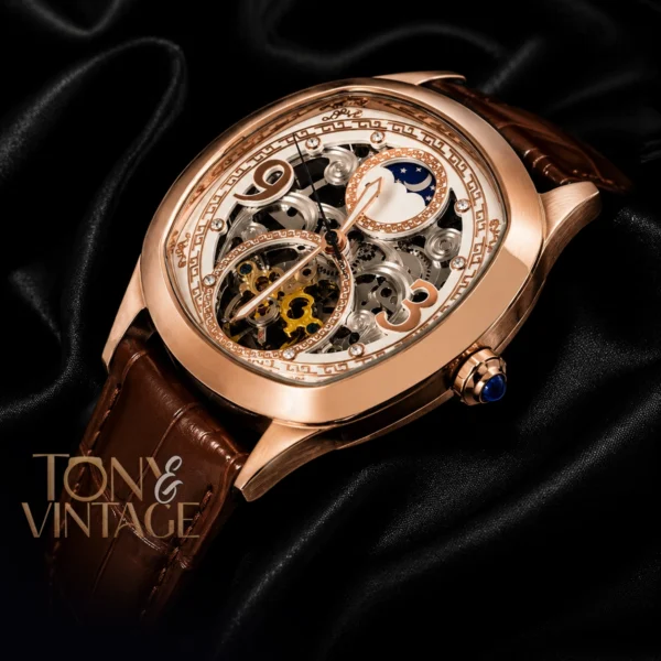 Tourbillon Moon Phase Rose Gold Watch with White Skeleton Dial and Brown Leather Strap