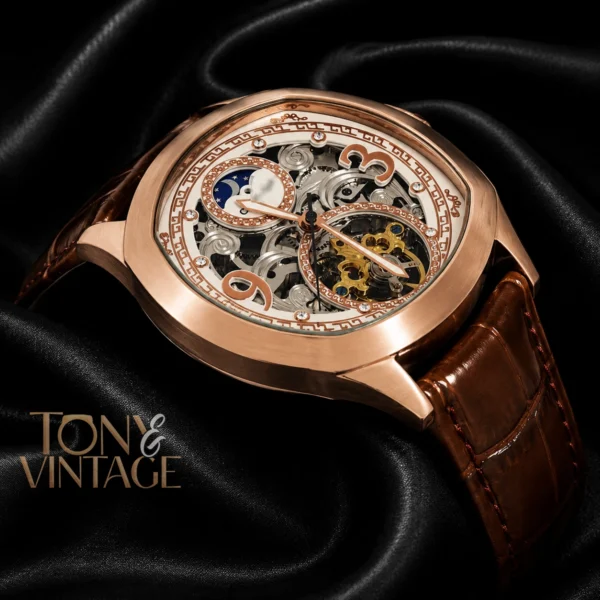 Tourbillon Moon Phase Rose Gold Watch with White Skeleton Dial and Brown Leather Strap 2 copy