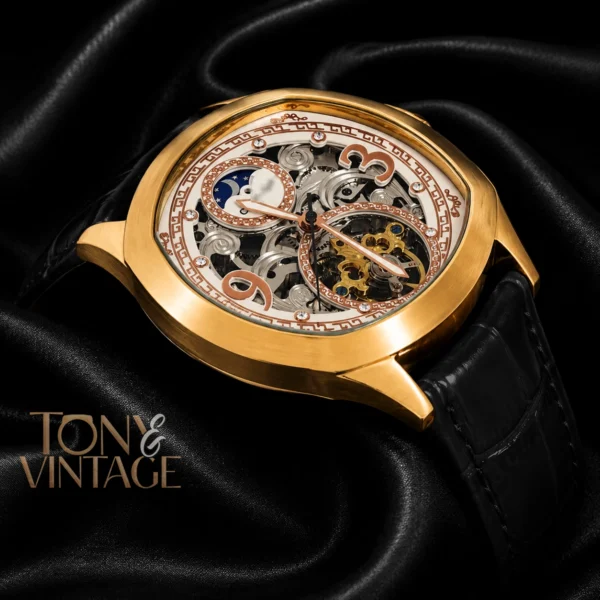 Tourbillon Moon Phase Yellow Gold Watch with White Skeleton Dial and Black Leather Strap 1 copy