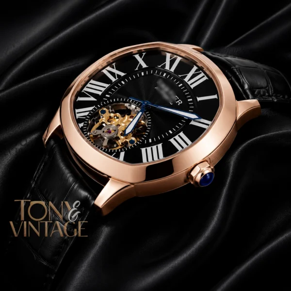 Tourbillon Rose Gold Watch with Black Dial and Leather Strap