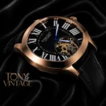 Tourbillon Rose Gold Watch with Black Dial and Leather Strap