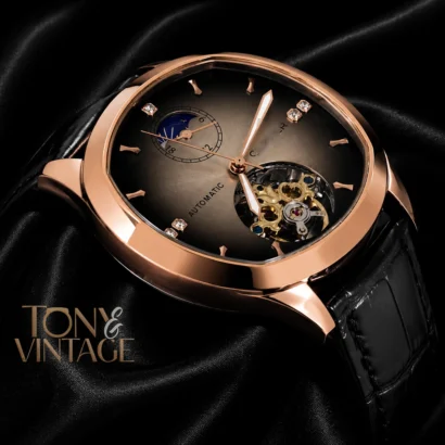 Tourbillon Rose Gold Watch with Brown Dial and Black Leather Strap