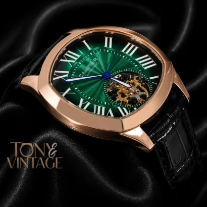 Tourbillon Rose Gold Watch with Green Dial and Leather Strap