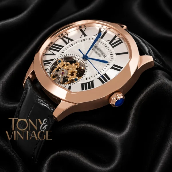 Tourbillon Rose Gold Watch with White Dial and Black Leather Strap