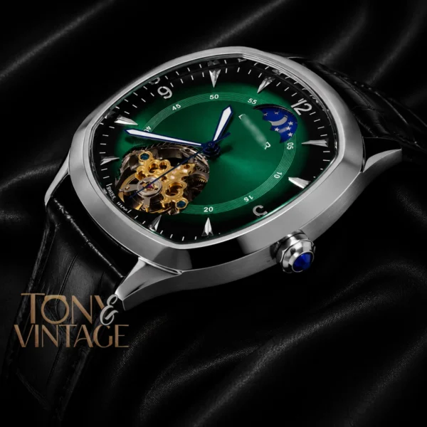 Tourbillon Silver Case Watch With Green Dial and Black Leather Strap