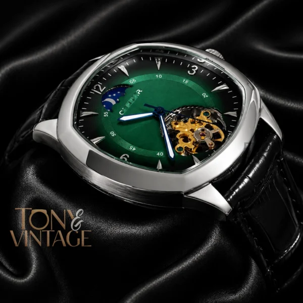 Tourbillon Silver Case Watch With Green Dial and Black Leather Strap 2 copy