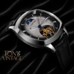 Tourbillon Silver Watch with Deep White Dial and Leather Strap
