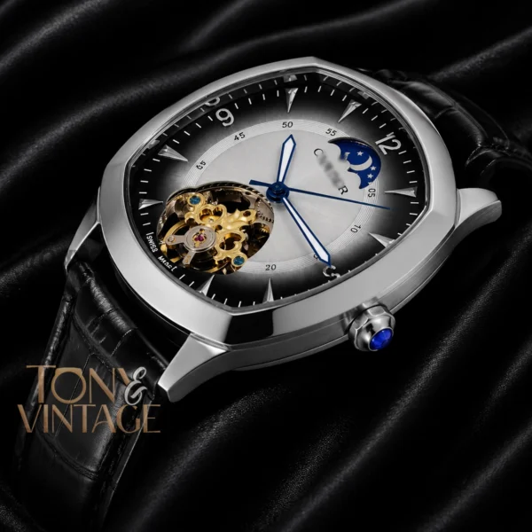 Tourbillon Silver Watch with Deep White Dial and Leather Strap