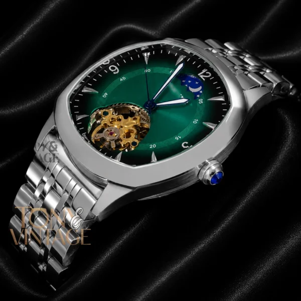 Tourbillon Silver Watch with Green Dial Automatic