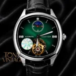 Tourbillon Silver Watch with Green Dial and Black Leather Strap