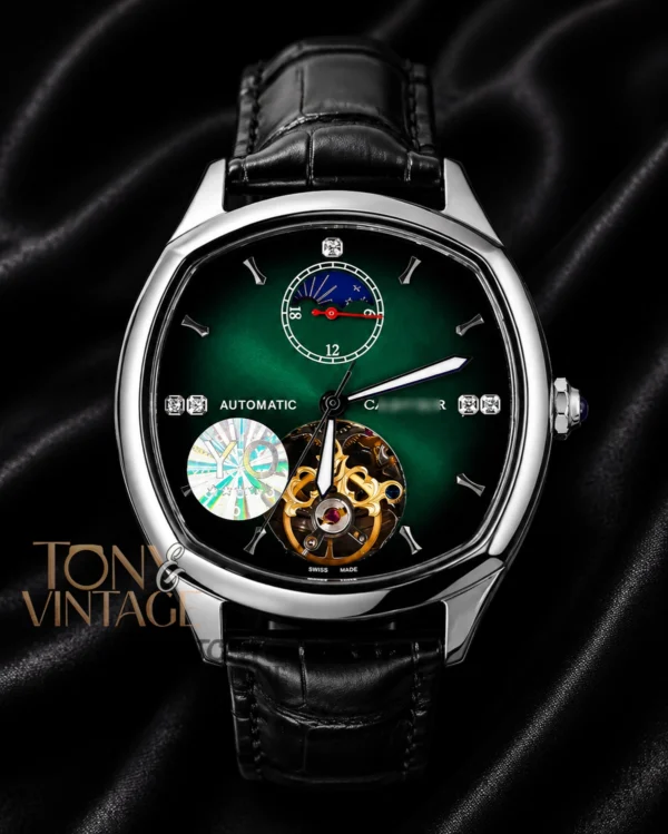Tourbillon Silver Watch with Green Dial and Black Leather Strap copy