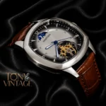 Tourbillon Silver Watch with Grey Dial and Brown Leather Strap