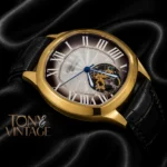Tourbillon Yellow Gold Watch With Brown Dial and Leather Strap