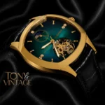 Tourbillon Yellow Gold Watch With Green Dial and Black Leather Strap