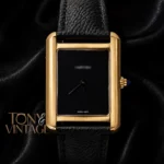 Yellow Gold Watch with Black Dial and Leather Strap