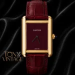 Yellow Gold Watch with Maroon Dial and Leather Strap
