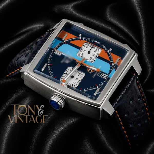 x Gulf Calibre 11 Chronograph Silver Case with Blue Leather Strap1 copy